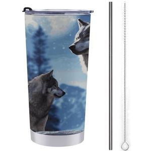 FZMTLDS Wolfs Tumbler 20oz roestvrijstalen waterflessen met handvat, lekvrij, grote capaciteit, autobeker, reisbeker, geïsoleerde koffiebeker, geschenken voor vrouwen en mannen