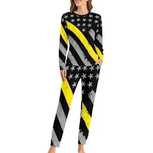 911 Dispatcher Dunne Gouden Lijn Vlag Zachte Womens Pyjama Lange Mouw Warm Fit Pyjama Loungewear Sets met Zakken 4XL