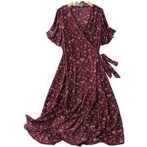 voor vrouwen jurk Plus dezesy jurk met riem en vlindermouwen met bloemenprint (Color : Maroon, Size : 4XL)