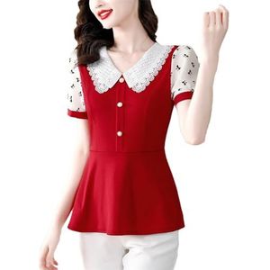 Dvbfufv Dames zomer revers kant patchwork bedrukt korte mouwen pullover T-shirt vrouwen casual elegante blouses tops, Rood, XL