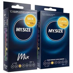 MY.SIZE Mix set maat 3, 53 mm: 10 Classic condooms + 10 condooms in 4 spannende soorten, condooms met aroma, kleur, noppen & Classic