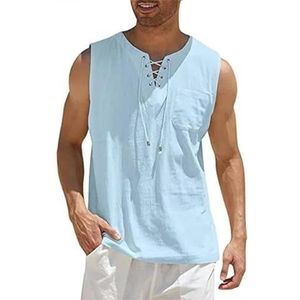 Linen Shirts Men Shirts Men'S Casual Sleeveless Vest Bandage Lace Up Blouse Retro Loose Shirt Solid Color Clothes-Blue-Xxl