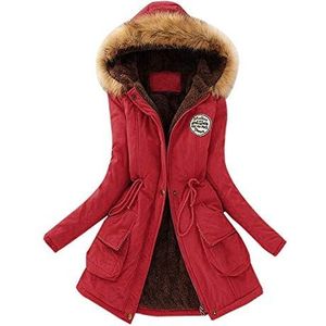 KaloryWee dames halflange winterjas pluizige voering ritssluiting warme jassen dames winddichte buitenkleding met taille trekkoord en zakken, Rood, L