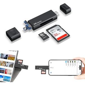JJC Metalen USB 3.0 SD-kaartlezer voor iPhone 16 15 Pro Max Plus, 3-in-1 USB 3.0 Micro USB 2.0 USB-C 3.0 Externe Kaartlezer voor SD SDHC SDXC Micro SD TF UHS-I geheugenkaarten (zwart)