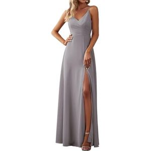 Zomerjurk met spaghettibandjes voor dames, V-hals, chiffon, formele bruiloftsjurk, bruidsmeisje, split maxi-jurk, Grijs, 32