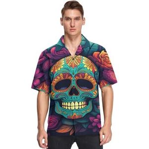 KAAVIYO Kleurrijke Schedels Paarse Bloem Shirts Voor Mannen Korte Mouw Button Down Hawaiiaanse Shirt voor Zomer Strand, Patroon, S