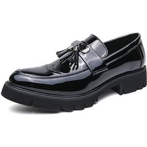 Men's Patent Leather Brogue Slip-On Platform Loafer Shoes With Tassel Fashion Round Toe Low Top Lug Sole Non-Slip Business Dress Shoes (Color : Black, Size : EU 43)
