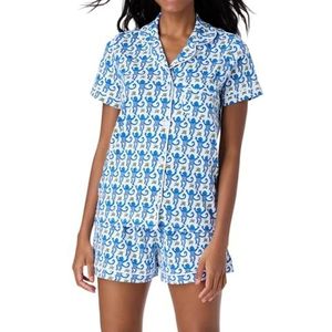 Dames pyjamaset 2-delige button down apen shorts set en konijn preppy loungewear pyjama's(Blue,XS)