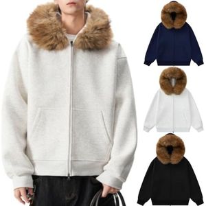GAGFDA Heren Zip Up Hoodies Casual Sweatshirts Jas met Faux Bont Kraag, Heren Vintage Lange Mouw Effen Kleur Volledige Zip Hooded Jas Jas met Zakken, Lichtgrijs, XL