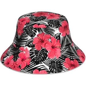 OdDdot Rode roos bloem print emmer hoed strand zomer zonnehoed visser hoeden reflecterende strip zonnehoed voor vrouwen mannen, Rode Hibiscus, Eén Maat
