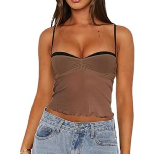 SMIMGO Vrouwen Spaghetti Strap Tank Top Y2k Sexy Doorzichtig Mesh Kant Cami Top Slim Fit Mouwloos Vest Crop Top Zomer Uitgaan Tops, B-kaki, S