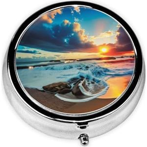 Stijlvolle ronde pillenetui Sunset Beach Metalen pillendoos 3 compartimenten medicijnpillenhouder draagbare pillenorganizer doseerdoos, kleine pillendoos voor reizen voor portemonnee en zak