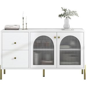 Doyisy 120 cm lang wit-gouden dressoir met verstelbare planken en marmeren plaat, kast met 2 deuren en 2 laden, kast met glazen deuren
