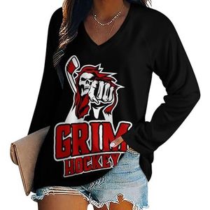 Grim Skull Hockey vrouwen Casual Lange Mouw T-shirts V-hals Gedrukt Grafische Blouses Tee Tops M