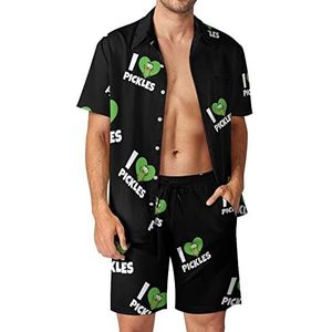 I Love Pickles Grappige Hawaiiaanse bijpassende set voor heren, 2-delige outfits, overhemden en shorts met knopen voor strandvakantie