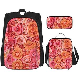 KoNsev Print Rugzak 3-delige set reizen wandelen lichtgewicht laptop etui geïsoleerde lunchtas voor vrouwen, oranje roos, Oranje Roos, Eén maat