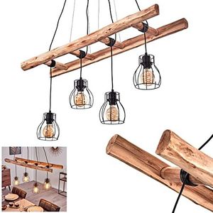 Gondo hanglamp, langwerpige hanglamp van metaal/hout in zwart/hout, 4-lichts plafondlamp met rastervormige kappen, individueel verstelbaar, hoogte max. 193 cm, 4 x E27, zonder gloeilampen