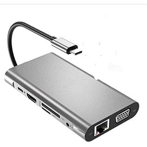 LESANGBAIHUODIAN USB HUB Type-C-adapter naar 4K VGA LAN Ethernet SD TF 3.5mm Jack Audio Video 10 in 1 voor MacBook Pro OTG USB-C HUB Multifunctioneel