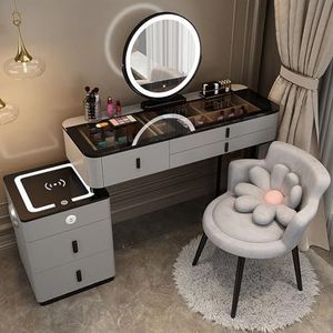 Moderne kaptafel met touchscreen-spiegel, make-up-ijdelheid met laden, ingebouwde open opbergplanken en gewatteerde kruk, voor vrouwen en meisjes