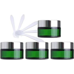 Cosmetische potten, 4 stuks groene glazen cosmetische potten van 50 ml, lege gezichtscrème-opslagcontainers potten met gouden deksel en binnenvoeringen + 4x spatel.