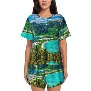 Groene tropische eiland print dames zomer zachte tweedelige bijpassende outfits korte mouw pyjama lounge pyjama sets, Zwart, L