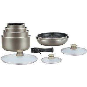 Herzberg Kookware Set - Inductie Pot Set - Alle Heat Pot en Pan Set - Stone Coating Cookware Set met Verwijderbare Handvat 10 Stuks HG-5000 Carbon