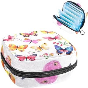 Opbergtas voor maandverband, kleurrijke vlinders roze geel rood flora l draagbare menstruatie pad tas, inlegkruisjes tampons maandverband opslag houder voor vrouwen school kantoor