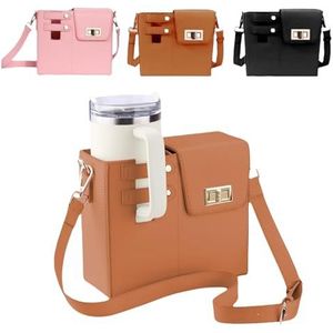 Outdoor draagbare Crossbody water Cup opbergtas, multifunctionele lederen tas met opbergvak voor vrouwen, verstelbare schouderband voor wandelen reizen(Brown)