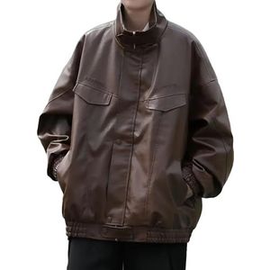 A&M Express Trendy oversized herenjack van PU-leer, Amerikaanse stijl, met klepzakken, Bruin, 3XL