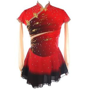 Kunstschaatsjurk for Dames Mesh Rok Meisjes Opstaande Kraag Lange Mouw Gradiënt Competitie Prestaties(Red,4XL)