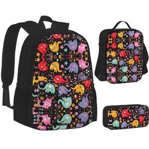 SUHNGE Roze Flamingo Ananas Print Rugzak School Boekentassen Set Lunch Tas Etui School Rugzakken Meisjes Jongens, Kleurrijke olifant, Eén maat