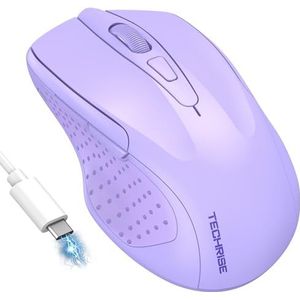 TechRise Bluetooth Muis, 2,4 G Draadloze Muis (BT 5.0/3.0 + 2.4G) 4800 DPI Oplaadbare Ergonomische Muis Met USB-A-Ontvanger, 6 Niveaus DPI Stille Muis voor Laptops, Computer, PC, Windows, Lichtpaars