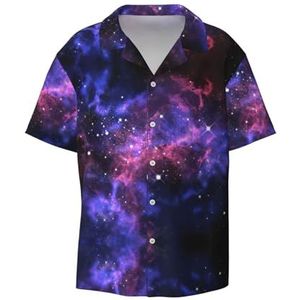 TyEdee Universe Galaxy Star Space Print Heren Korte Mouw Overhemd met Zak Casual Button Down Shirts Business Shirt, Zwart, L