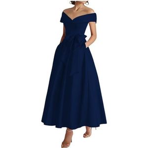 WSEYU Off Shoulder Moeder van De Bruid Bruidegom Jurken Satijn Boog Formele Avond Grootmoeder Jurken Thee Lengte ZM289, Donkerblauw, 34