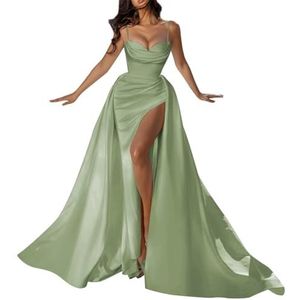 Satijnen Galajurken voor Vrouwen Zeemeermin Formele Avondbaljurken met spleet Ceremonie Jurken Plus Size, Sage Groen, 32