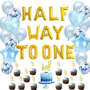 Halve verjaardagsdecoratie voor jongen Blauw Halverwege een ballon Banner 6 maanden 1/2 Cake Toppers Feestartikelen