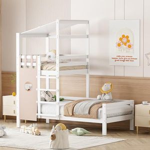 Idemon Kinderbed 90x200 stapelbed met dak Premium massief houten bed met lattenbodem (wit)