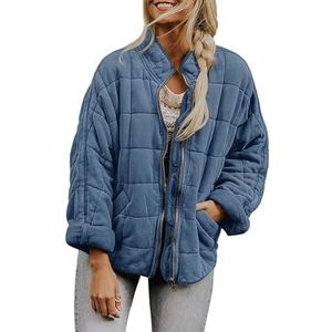 Dames herfst gewatteerde Dolman-jassen Opstaande kraag Lichtgewicht warme jassen Inpakbare korte pufferjassen met ritssluiting (Color : Greyblue, Size : S)