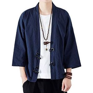 Heren Japan Happi Kimono Haori jas overgangsjas linnen jas, marineblauw, XXL