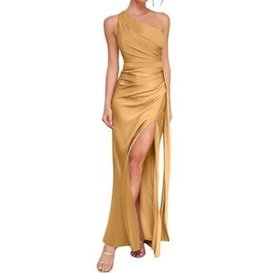 WSEYU Satijnen bruidsmeisjesjurk voor bruiloft met split avondgalajurken ruches cocktailjurk grote maten, Goud, 32