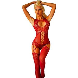 Bommi Fairy Dames prikkelend kanten teddy ondergoed jarretels negligé nachtkleding nachthemd halter sling ondergoed lingerie transparante babydoll met jarretelgordel lingerie, rood, One size