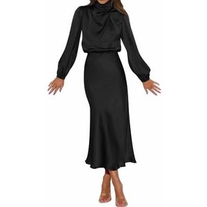 Elegante Satijnen Jurken met Lange Mouwen voor Dames, Formele Feest Maxi-jurk met Elastische Hoge Taille(Color:Black,Size:S)