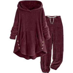 Dames Fleece Warm Set Fuzzy Hooded Sweatshirt en Elastische Taille Shaggy Broek met Trekkoord Dames Plus Size Set, Wijn1, 4XL