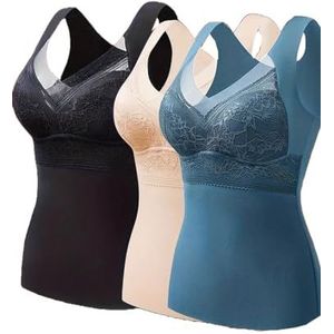 Dames 3-delige thermische top met kant contrast sport top dames comfortabele top voor yoga fitness oefening, Zwart+huid Kleur+donkerblauw, XL