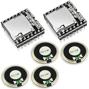 2 stuks MP3-spelermodule, open source-mini-MP3-speler, sensor met metalen behuizing, ronde luidspreker, 2 W, 8 ohm (2 modules en 4 luidsprekers) voor doe-het-zelf, compatibel met Arduino