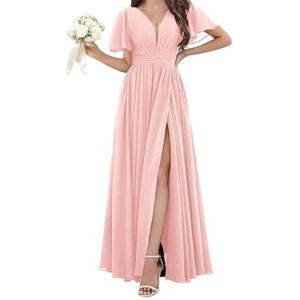 Chiffon bruidsmeisjesjurken voor dames, voor bruiloft, met split, avondgalajurken, cocktailjurken, grote maten, Blush Roze, 32