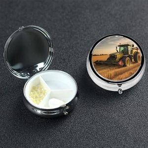 Farm Tractor Harvest Pill Box 3 compartimenten, kleine pillendoos voor portemonnee en zak, metalen pillenetui met spiegel, dagelijks reizen pillenorganizer, draagbare medicijnvitaminehouder, uniek