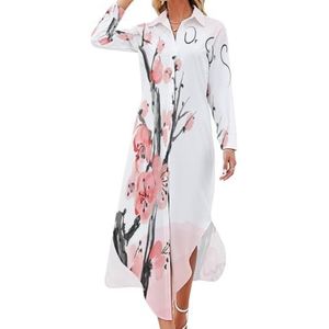 Japanse kersenbloesem Maxi-jurk voor dames, lange mouwen, knoopjurk, casual feestjurk, lange jurk, M