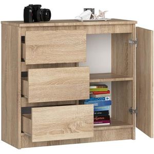 BDW - Ladenkast Met 3 Laden En 1 Deur - 80cm Breed, 77cm Hoog - Kast, Dressoir, Multifunctioneel, Schoenenkast, Ladekast, Archiefkast - Woonkamer, Slaapkamer, Hal - Sonoma Eik