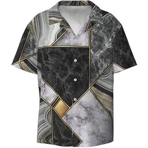 Zwart Marmeren Textuur Gouden Print Mannen Button Down Shirt Korte Mouw Casual Shirt Voor Mannen Zomer Business Casual Jurk Shirt, Zwart, 3XL